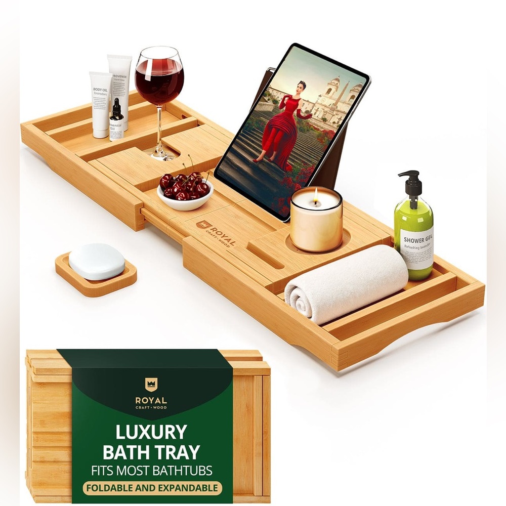 ROYAL CRAFT WOOD Bathtub Tray Caddy Bamboo from  29 ⅝" expands 43.5”x 9”W deep